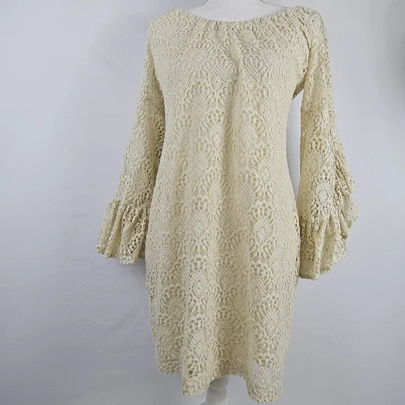 slim fit dress slacks Feeling Fine Crochet Knit Bell-Sleeve Mini Dress Natural / M main image 1